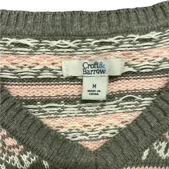 Croft and barrow size medium pink and grey and white vintage Vneck sweater - Picture 3 of 4